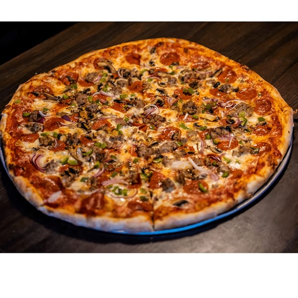 A large, hot Oceanside Pizza with pepperoni, sausage, mushrooms, onions, and green peppers.