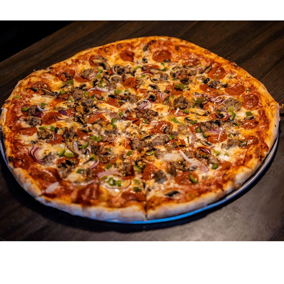 A large, hot Oceanside Pizza with pepperoni, sausage, mushrooms, onions, and green peppers.