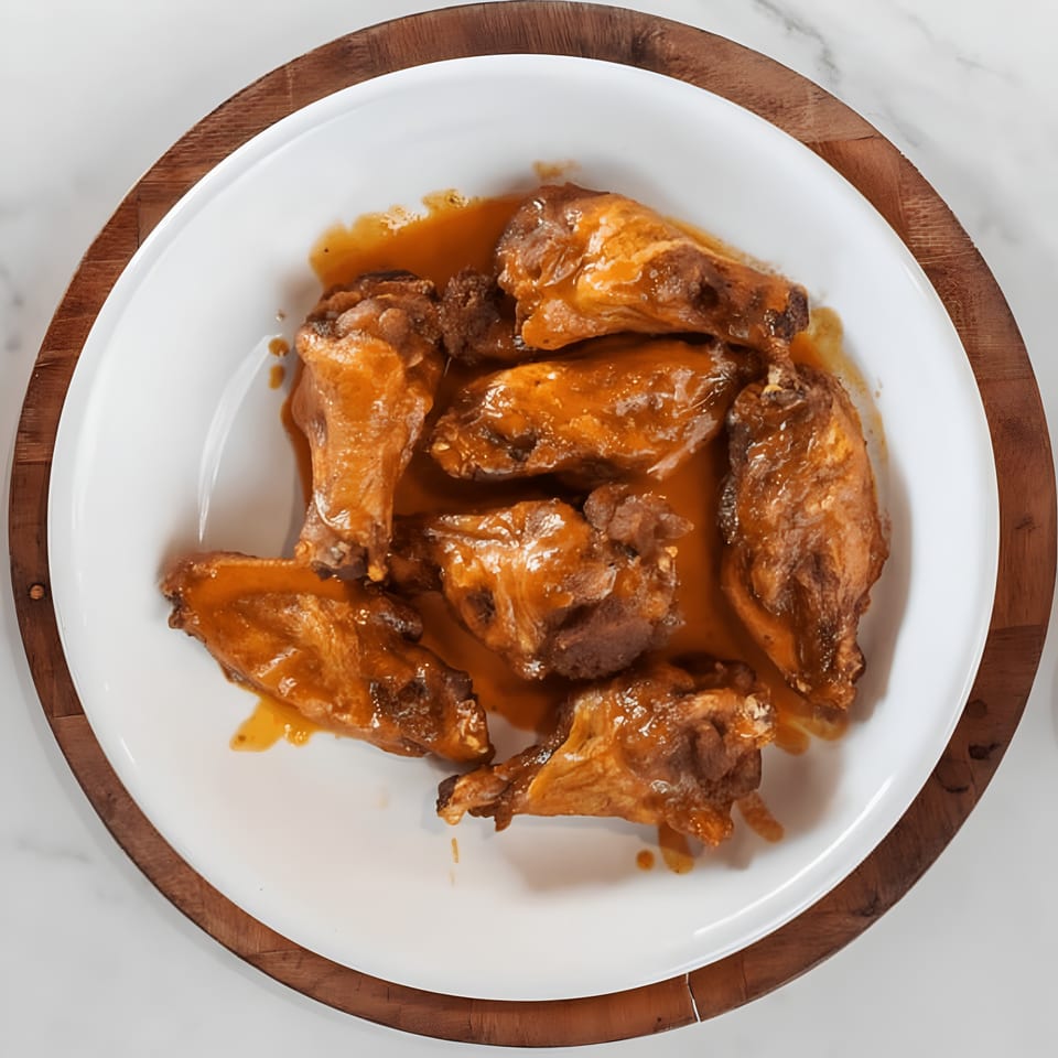 A white plate filled with saucy, golden-brown chicken wings, on a wooden charger.