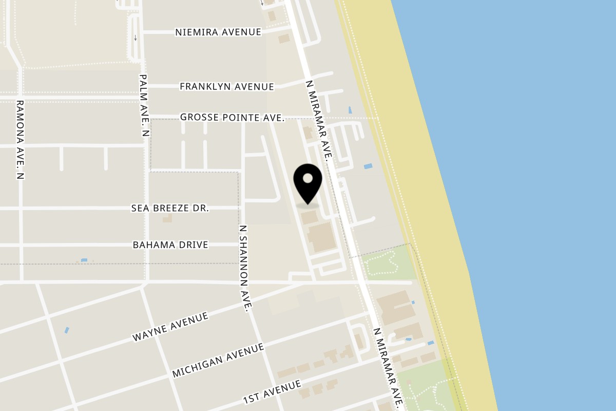 Map showing the location of Oceanside Pizza Indialantic on 810 N Miramar Ave in Indialantic