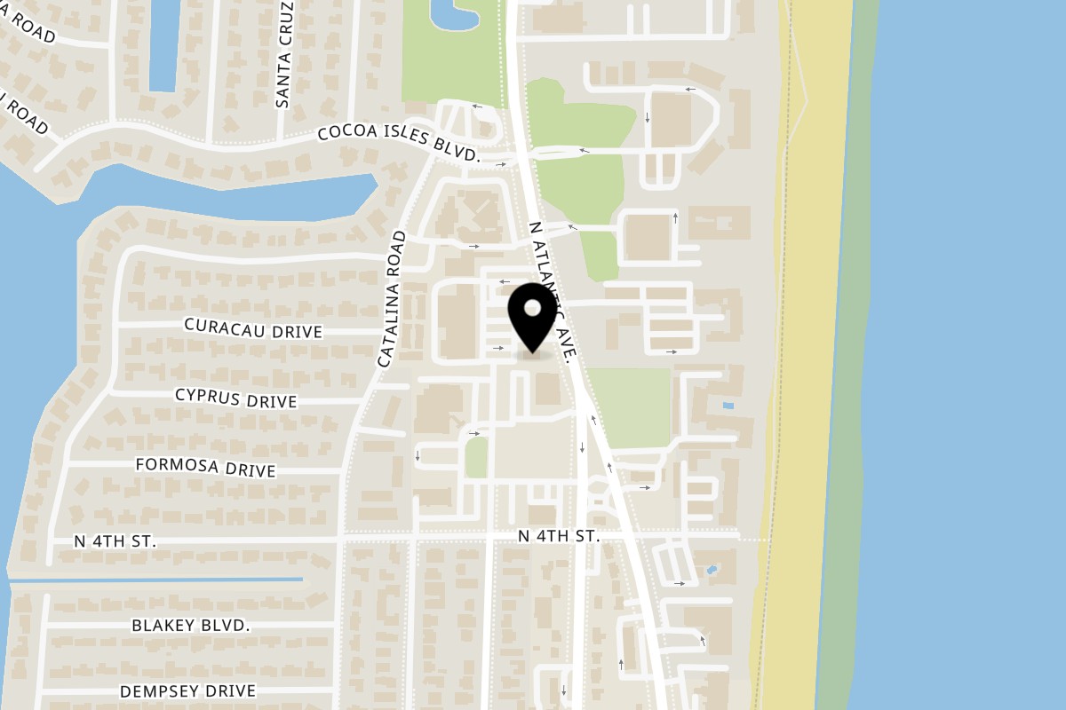 Map showing the location of Oceanside Pizza Cocoa Beach on 605 N Atlantic Ave in Cocoa Beach